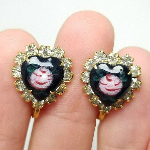 Vintage Enamel Heart Rhinestone Halo Clip On Earrings, Prong Set Screw Backs - Picture 1 of 6